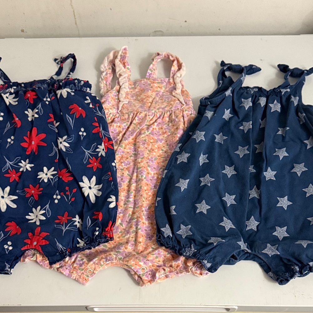 Set of Three Baby Rompers - Floral and Star Patterns